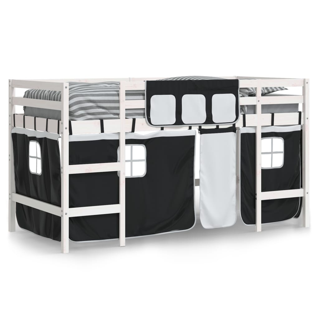 Cama alta criança c/ cortina 90x190cm pinho maciço branco/preto