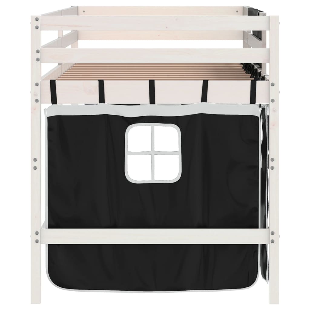 Cama alta criança c/ cortina 90x190cm pinho maciço branco/preto