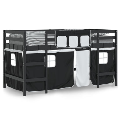 Cama alta criança c/ cortina 90x190 pinho maciço branco/preto