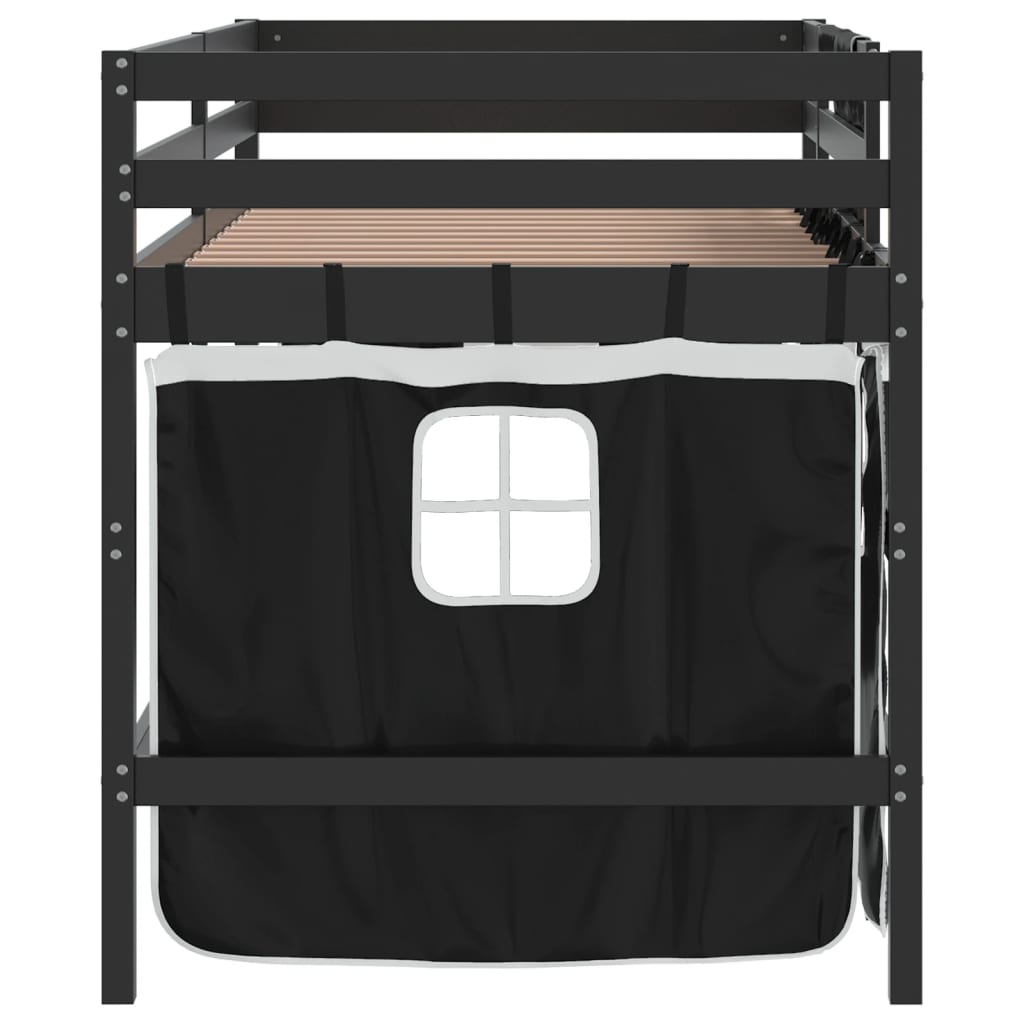 Cama alta criança c/ cortina 90x190 pinho maciço branco/preto