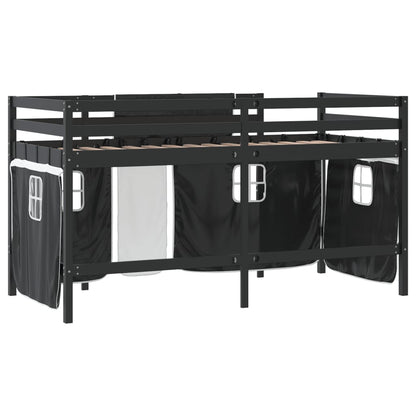 Cama alta criança c/ cortina 90x190 pinho maciço branco/preto