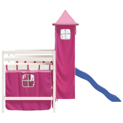 Cama alta para criança com torre 80x200 cm pinho maciço rosa