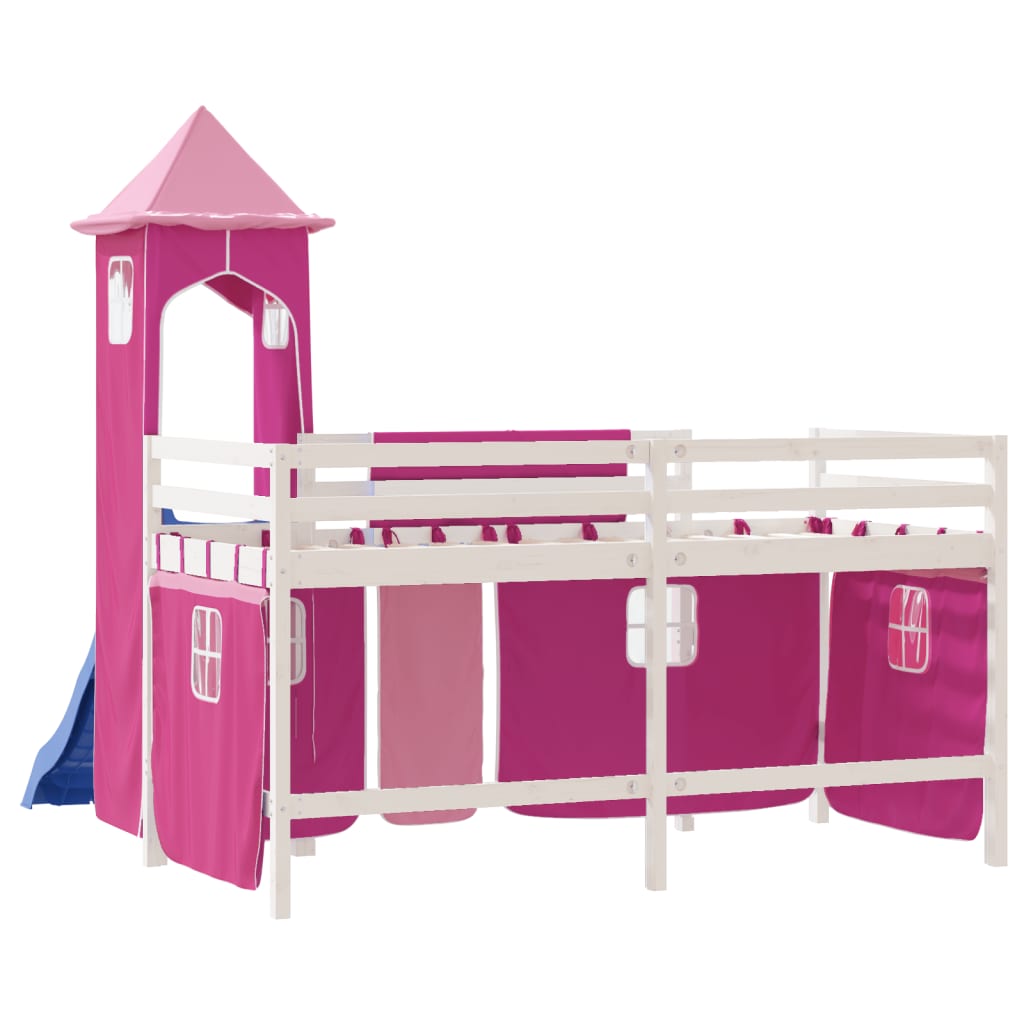 Cama alta para criança com torre 80x200 cm pinho maciço rosa