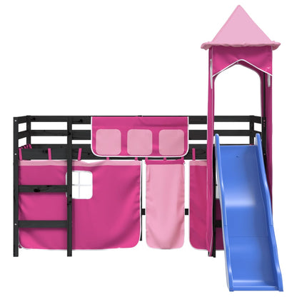 Cama alta para criança com torre 80x200 cm pinho maciço rosa