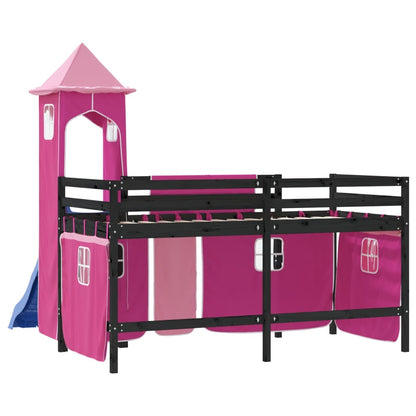 Cama alta para criança com torre 80x200 cm pinho maciço rosa