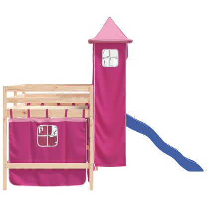 Cama alta para criança com torre 90x200 cm pinho maciço rosa