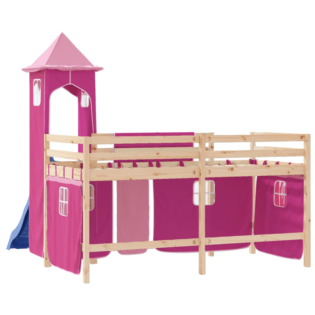 Cama alta para criança com torre 90x200 cm pinho maciço rosa