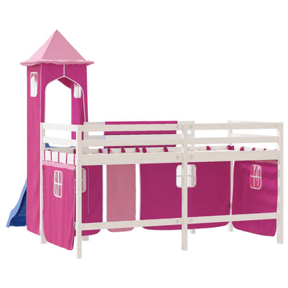 Cama alta para criança com torre 90x200 cm pinho maciço rosa