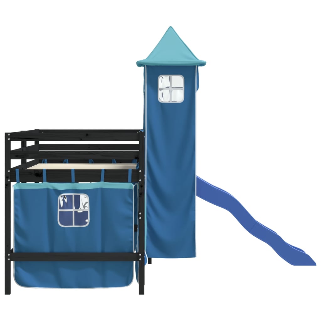 Cama alta para criança com torre 90x200 cm pinho maciço azul