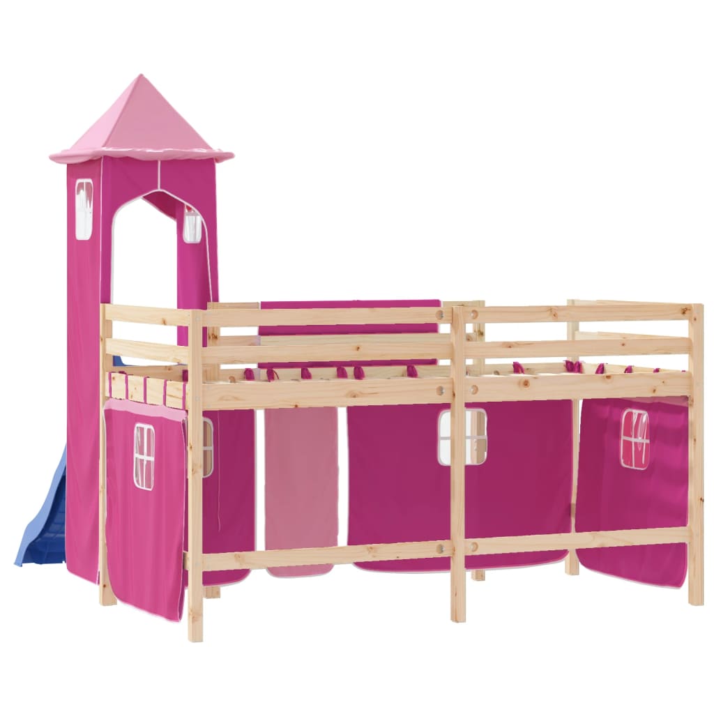 Cama alta para criança com torre 90x190 cm pinho maciço rosa