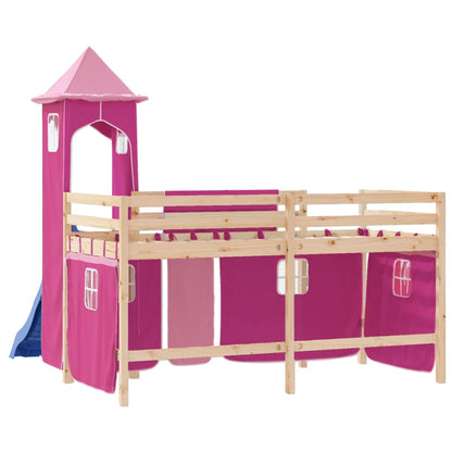 Cama alta para criança com torre 90x190 cm pinho maciço rosa