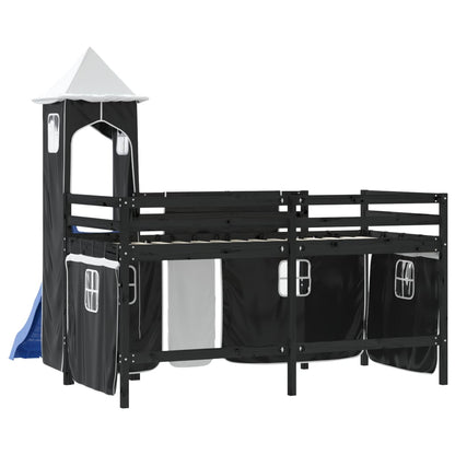 Cama alta criança c/ torre 90x190 cm pinho maciço branco/preto