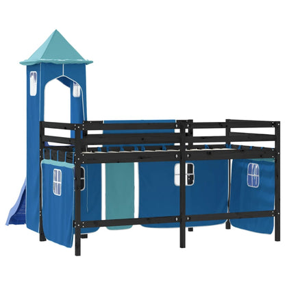 Cama alta para criança com torre 90x190 cm pinho maciço azul