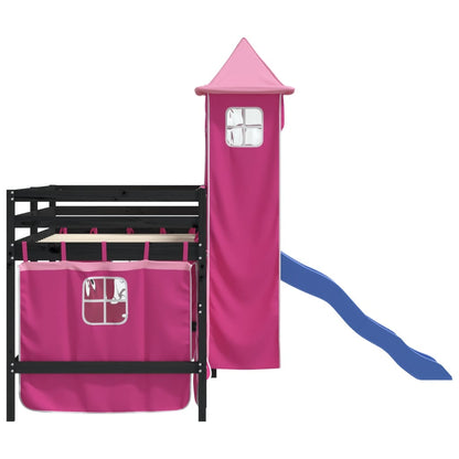 Cama alta para criança com torre 90x190 cm pinho maciço rosa