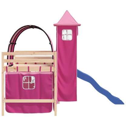 Cama alta para criança com torre 80x200 cm pinho maciço rosa