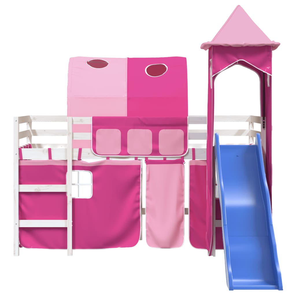 Cama alta para criança com torre 80x200 cm pinho maciço rosa