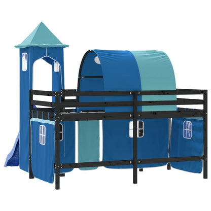 Cama alta para criança com torre 80x200 cm pinho maciço azul