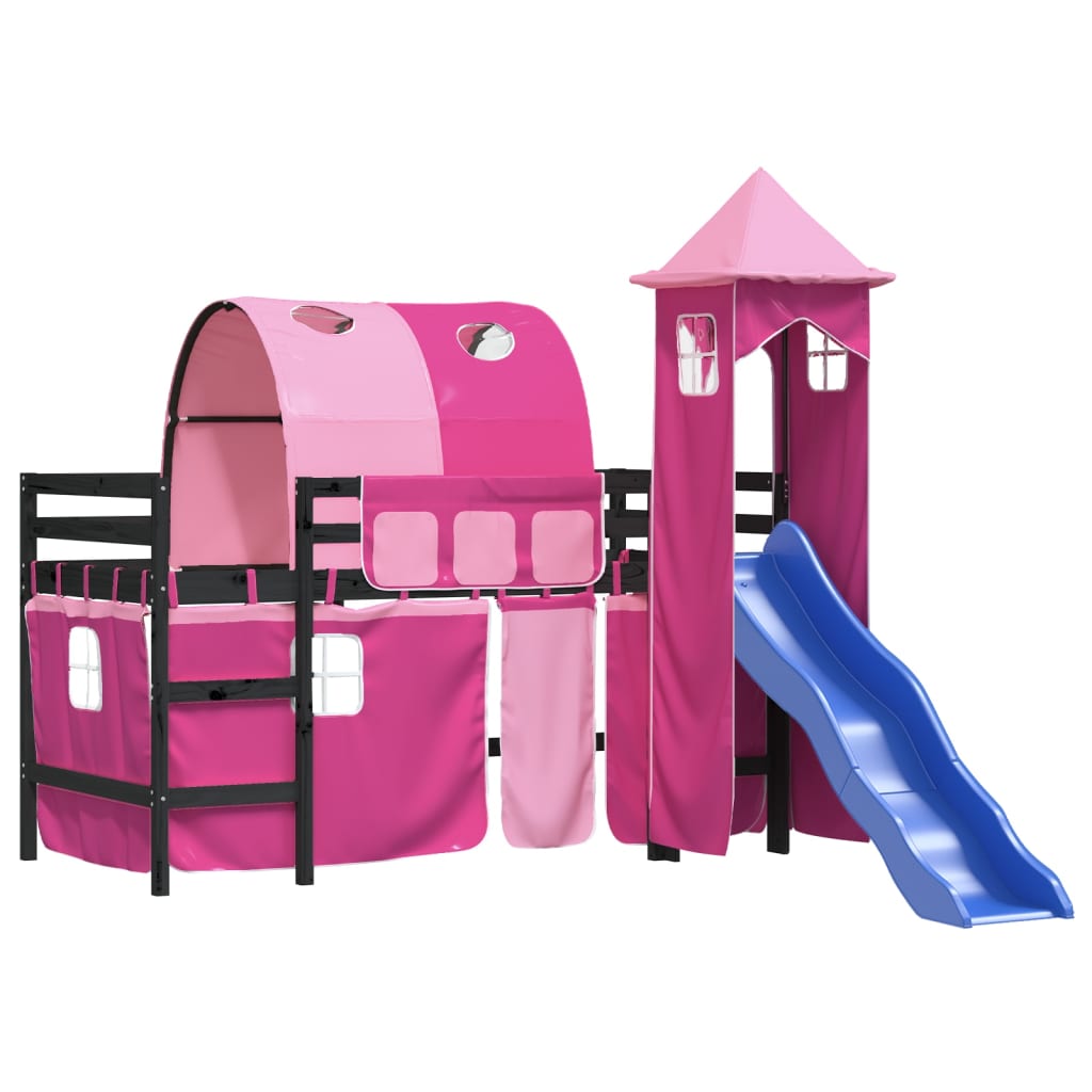 Cama alta para criança com torre 80x200 cm pinho maciço rosa