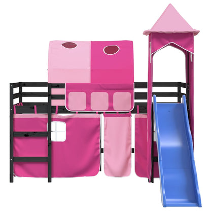 Cama alta para criança com torre 80x200 cm pinho maciço rosa