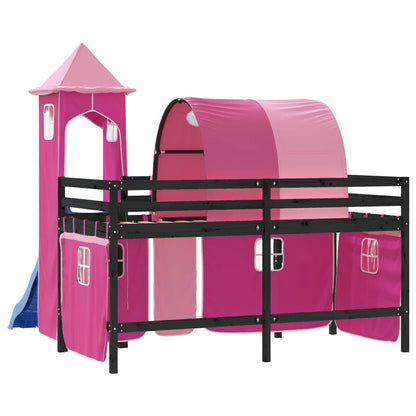 Cama alta para criança com torre 80x200 cm pinho maciço rosa