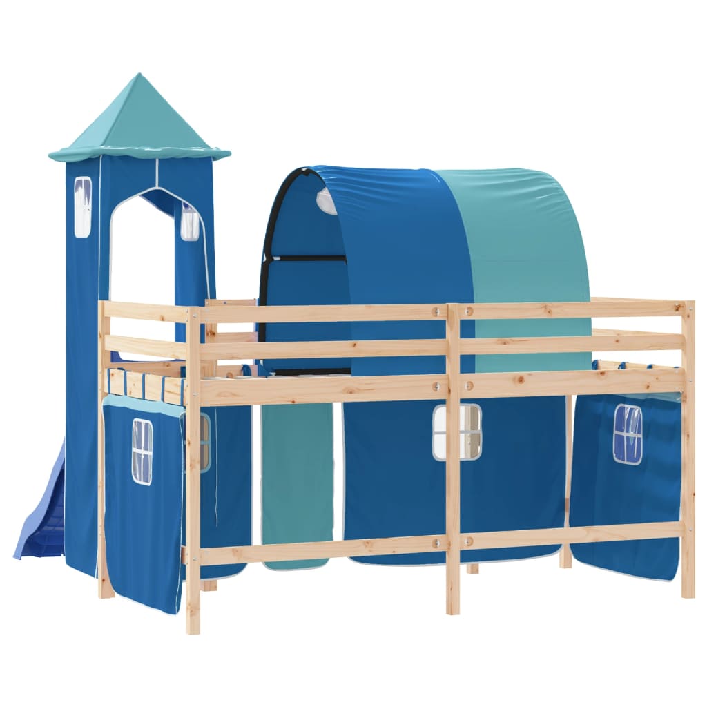 Cama alta para criança com torre 90x190 cm pinho maciço azul