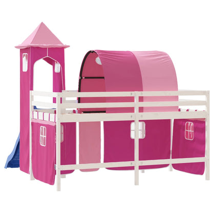 Cama alta para criança com torre 90x190 cm pinho maciço rosa