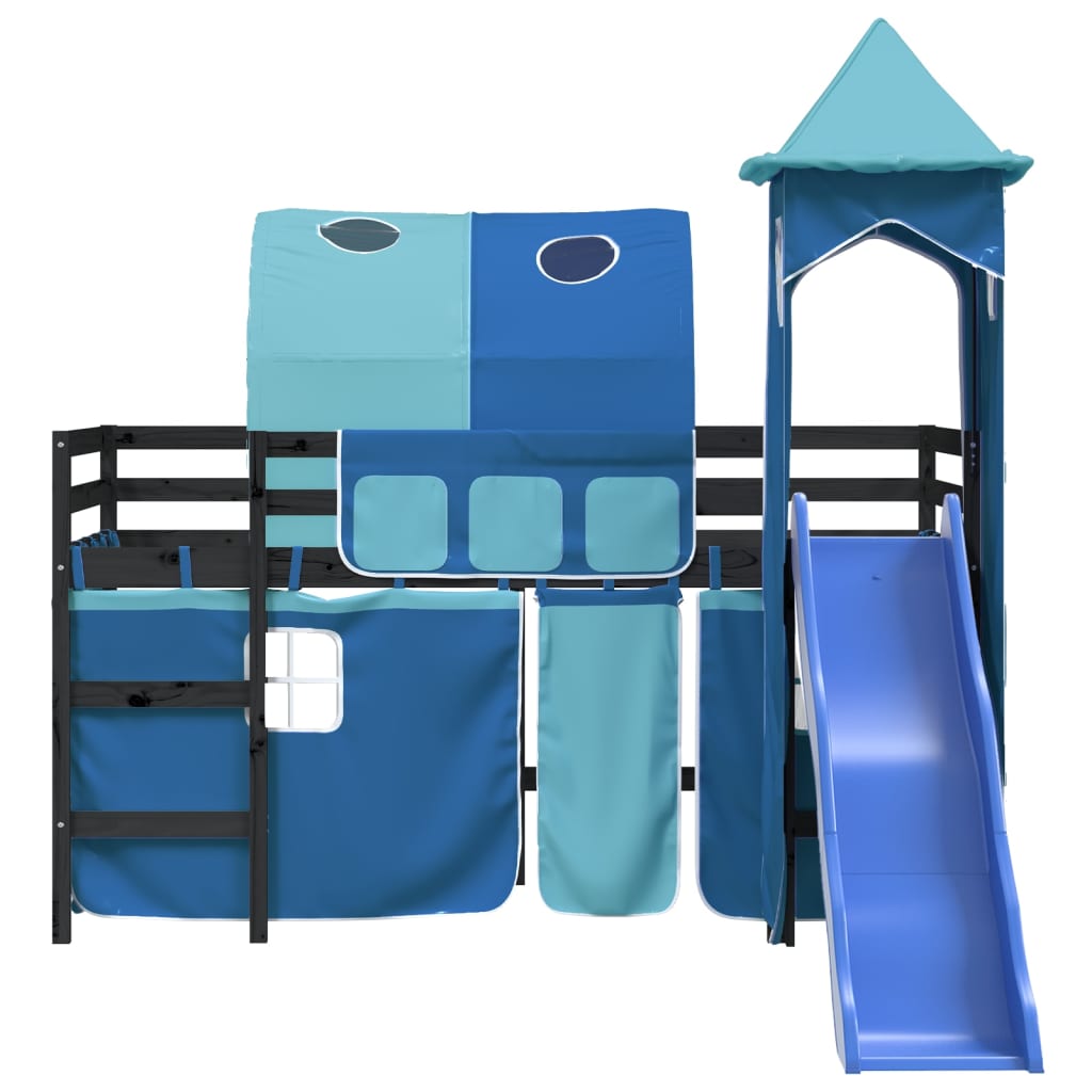 Cama alta para criança com torre 90x190 cm pinho maciço azul