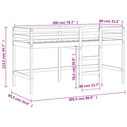 Cama alta p/ criança c/ escada 80x200 cm pinho maciço branco