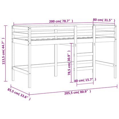 Cama alta p/ criança c/ escada 80x200 cm pinho maciço preto