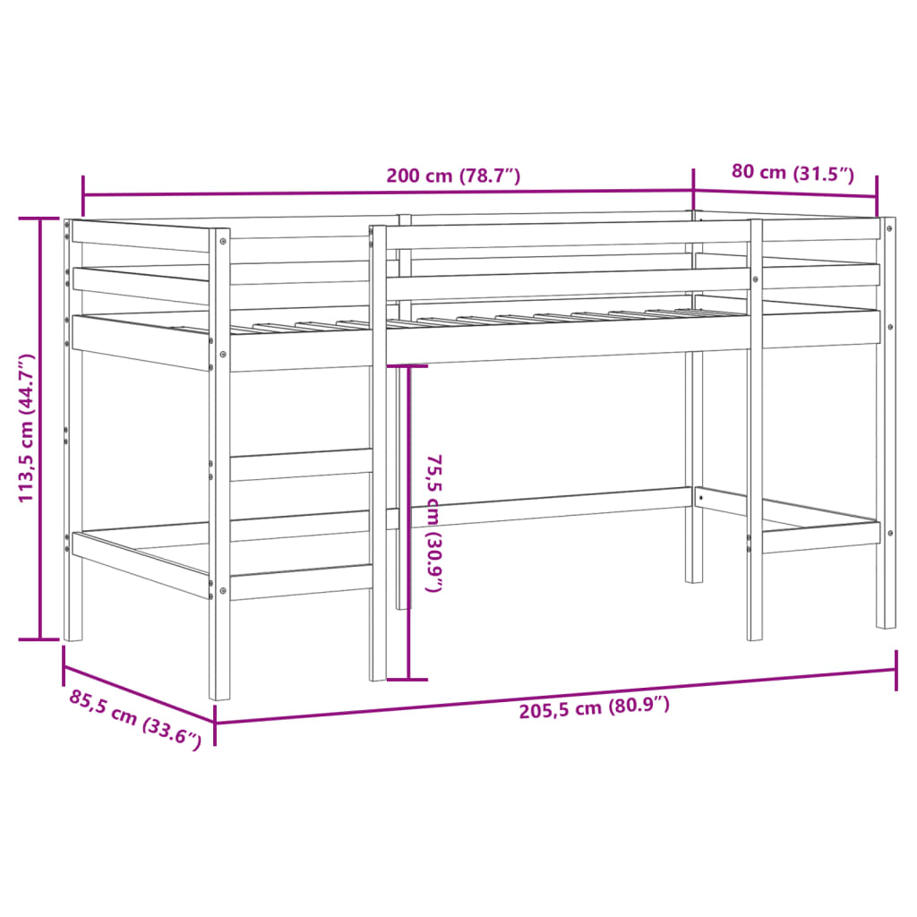 Cama alta p/ criança c/ escada 80x200 cm pinho maciço preto