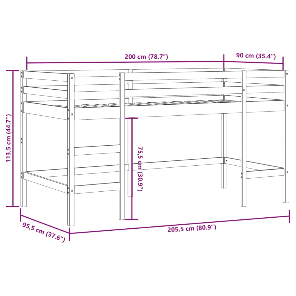 Cama alta p/ criança c/ escada 90x200 cm pinho maciço branco