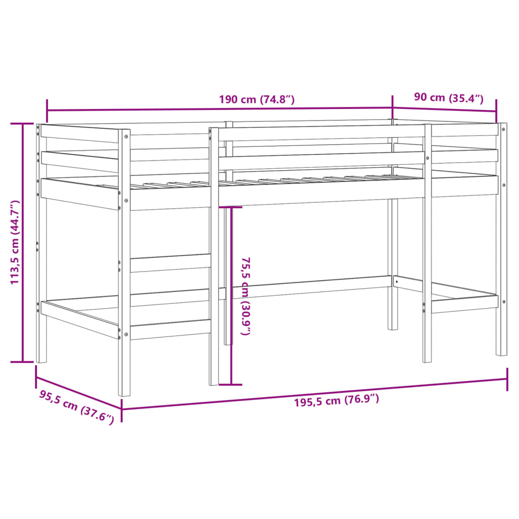 Cama alta p/ criança c/ escada 90x190 cm pinho maciço branco