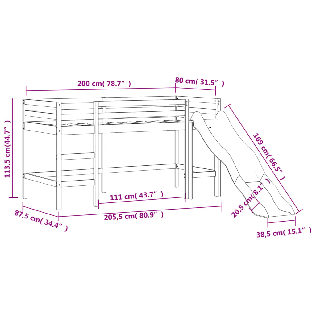 Cama alta para criança com escorrega 80x200 cm pinho maciço