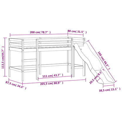 Cama alta para criança com escorrega 80x200 cm pinho maciço