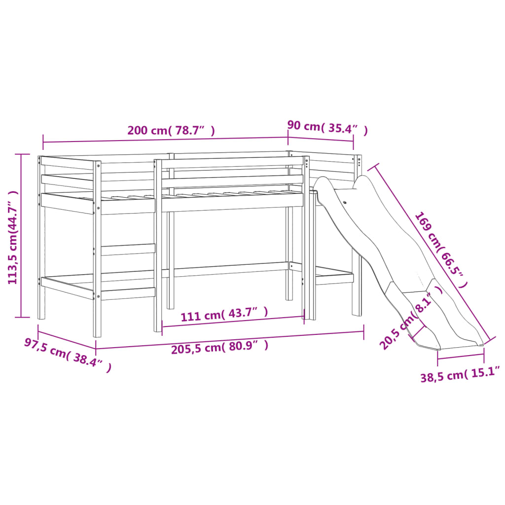 Cama alta p/ criança c/ escorrega 90x200 cm pinho maciço branco