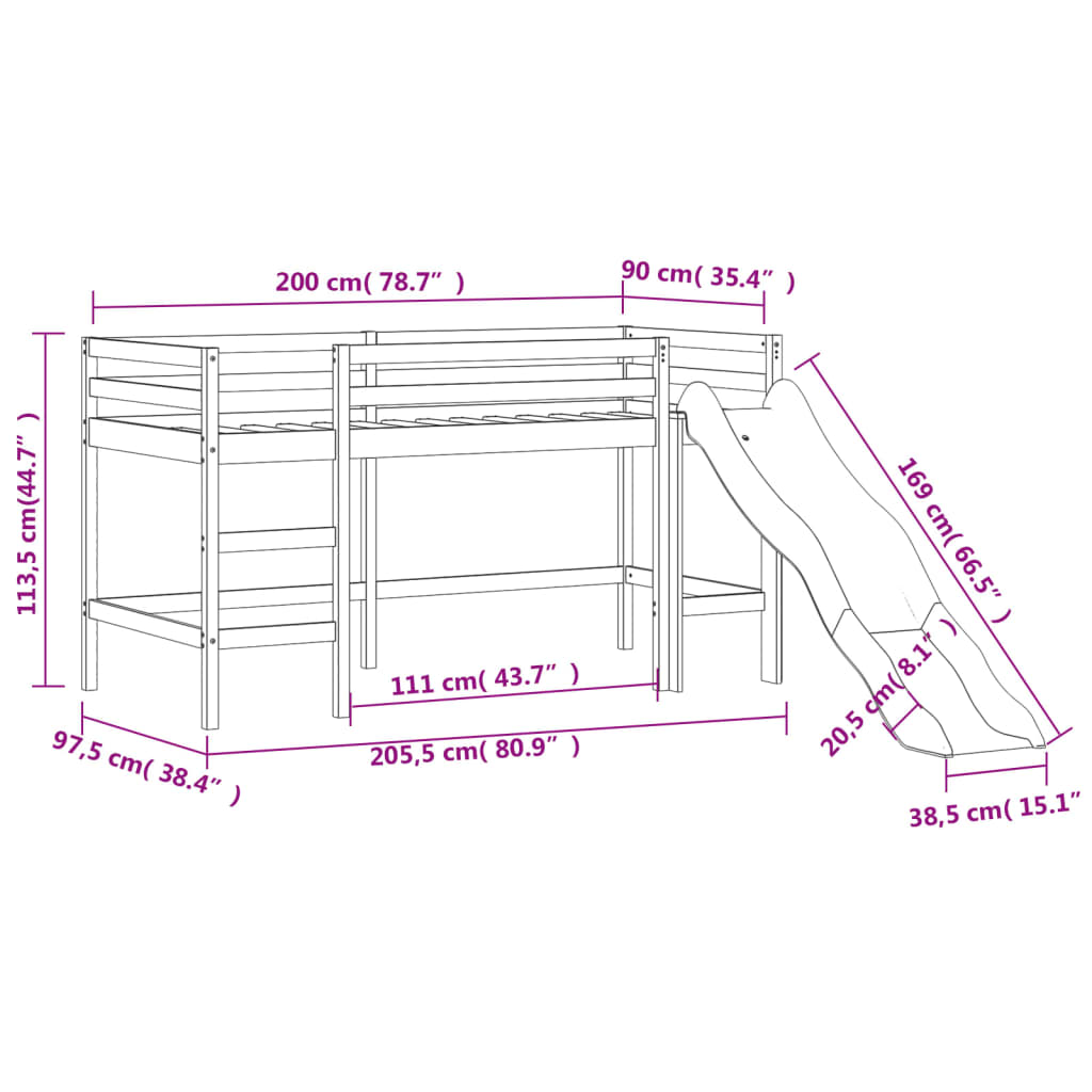 Cama alta p/ criança c/ escorrega 90x200 cm pinho maciço preto