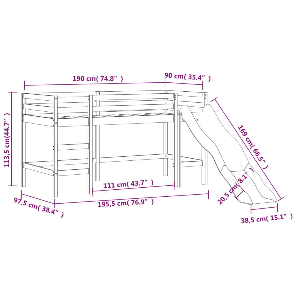 Cama alta p/ criança c/ escorrega 90x190 cm pinho maciço branco