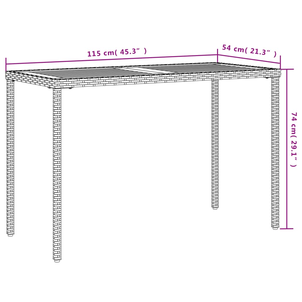 Mesa de jardim com tampo em acácia 115x54x74 cm vime PE preto