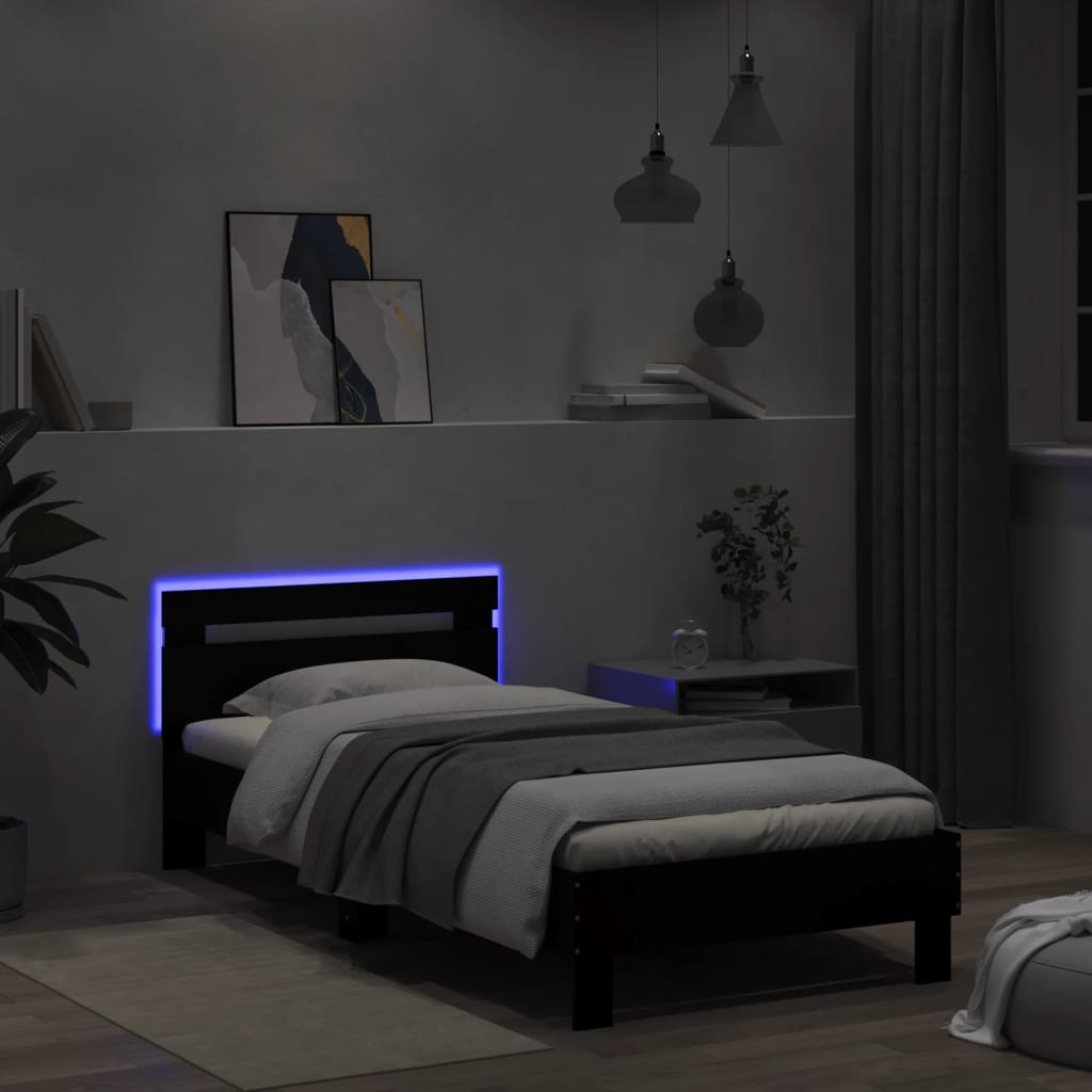 Estrutura de cama com cabeceira e luzes LED 100x200 cm preto