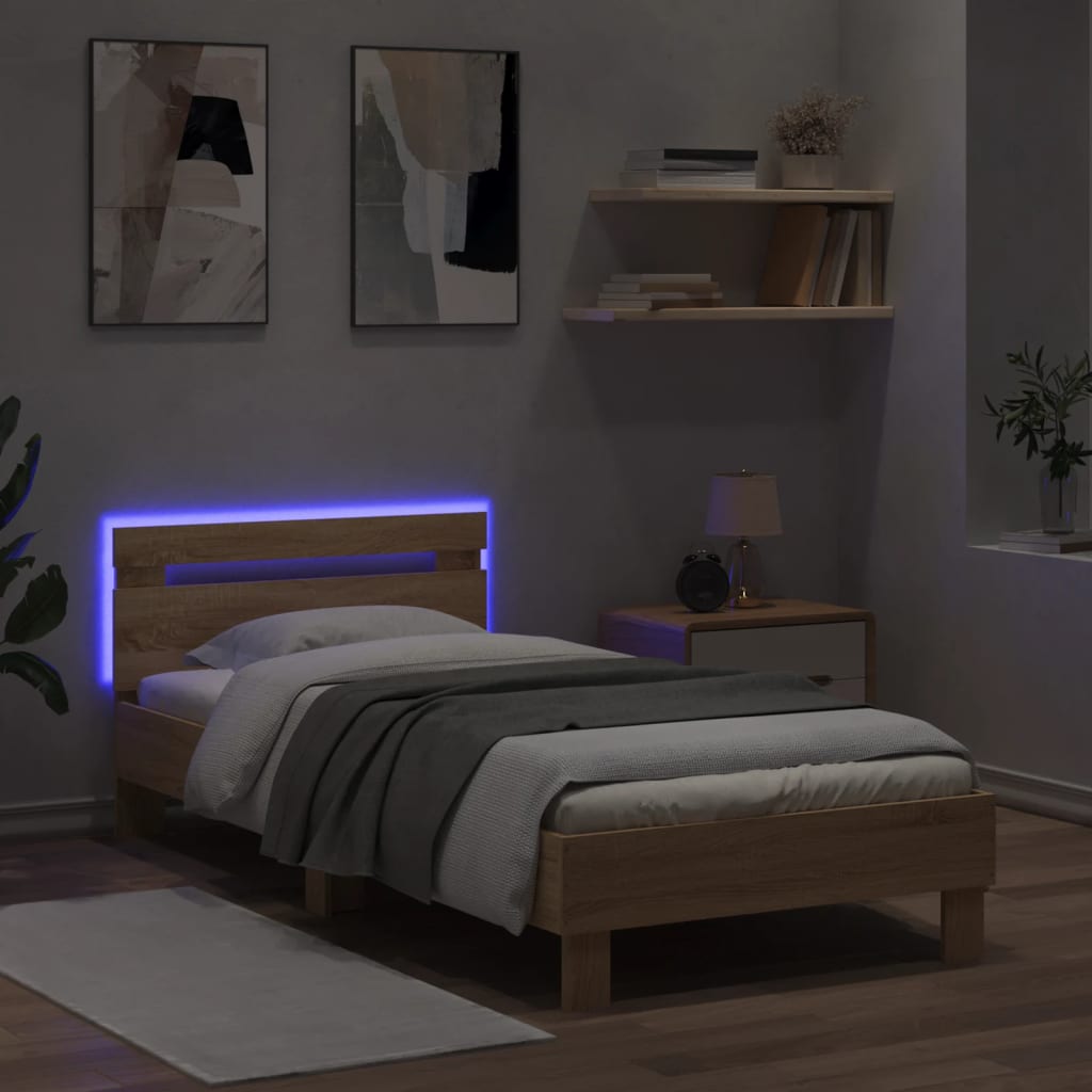 Estrutura cama c/ cabeceira/luzes LED 90x190 cm carvalho sonoma