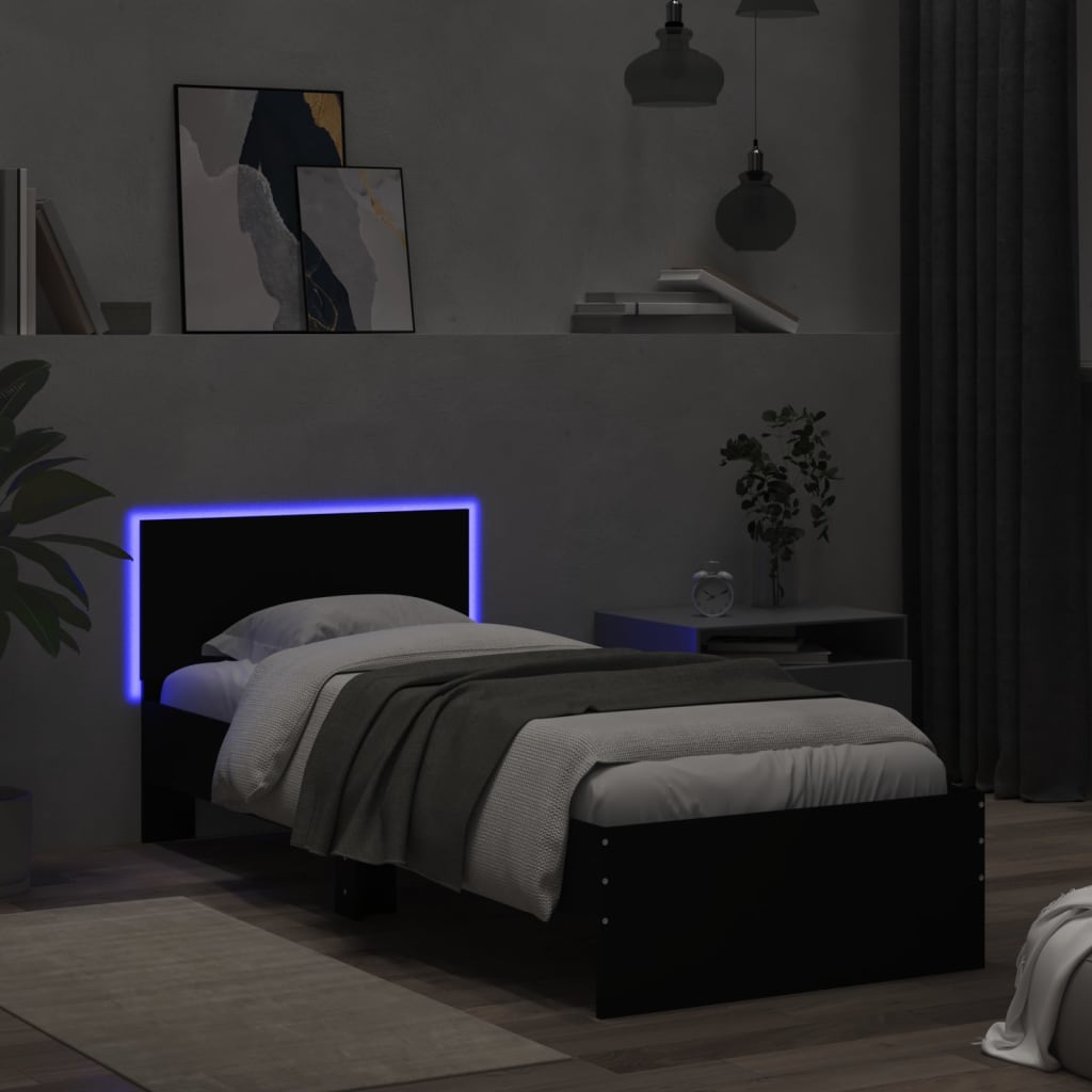 Estrutura de cama com cabeceira e luzes LED 90x200 cm preto