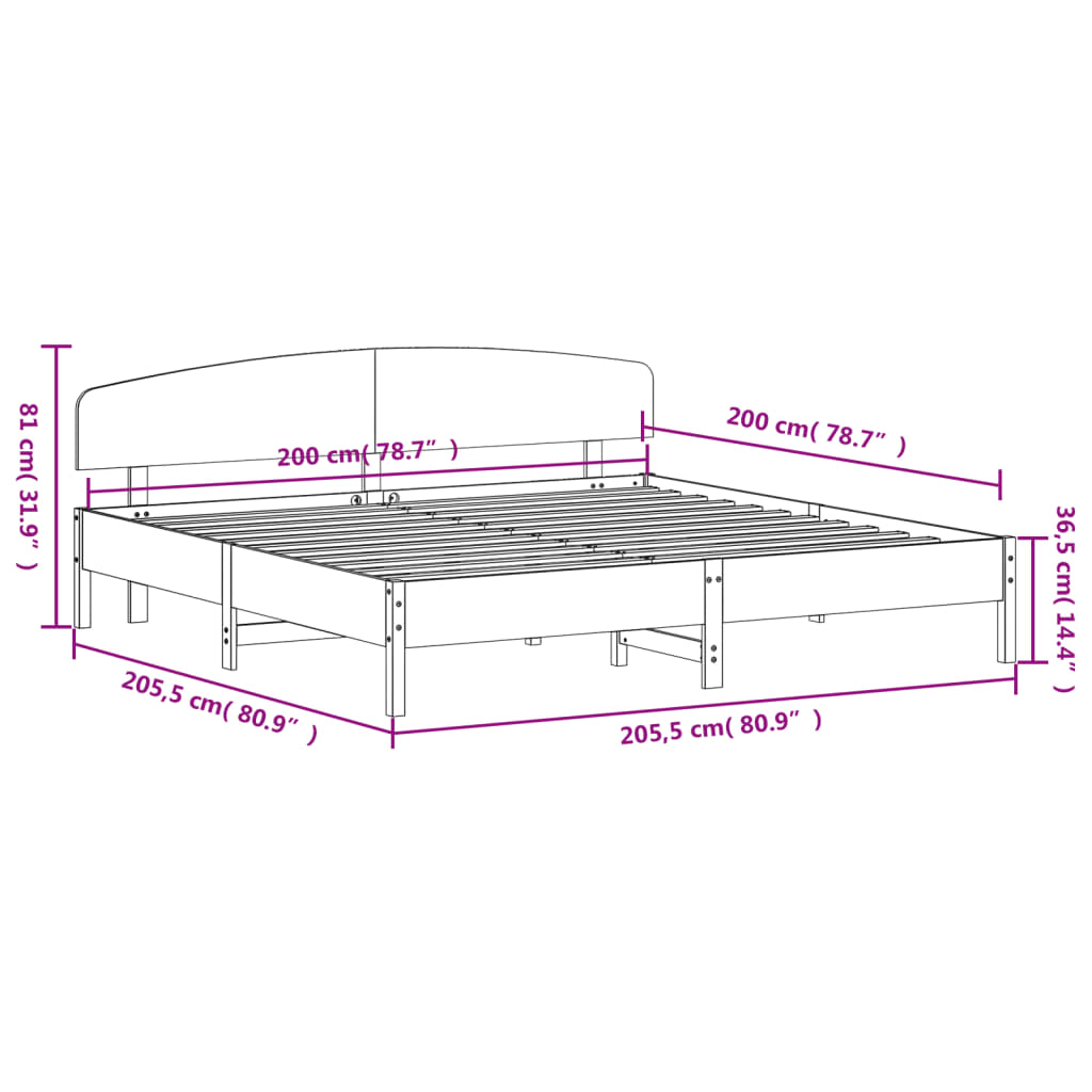 Estrutura de cama com cabeceira 200x200 cm pinho maciço branco