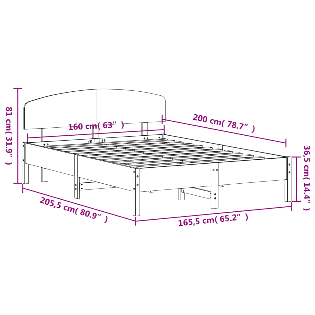 Estrutura de cama com cabeceira 160x200 cm pinho maciço