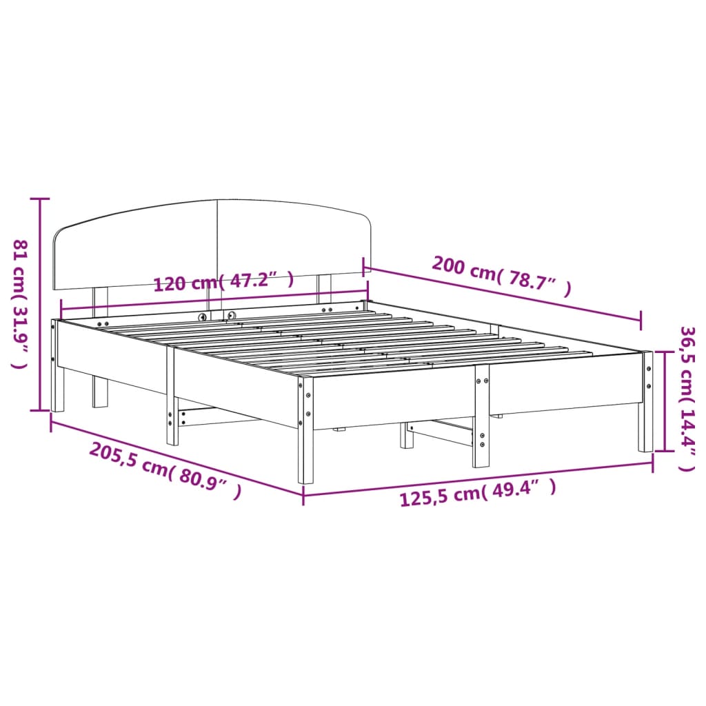 Estrutura cama c/ cabeceira 120x200cm pinho maciço castanho-mel