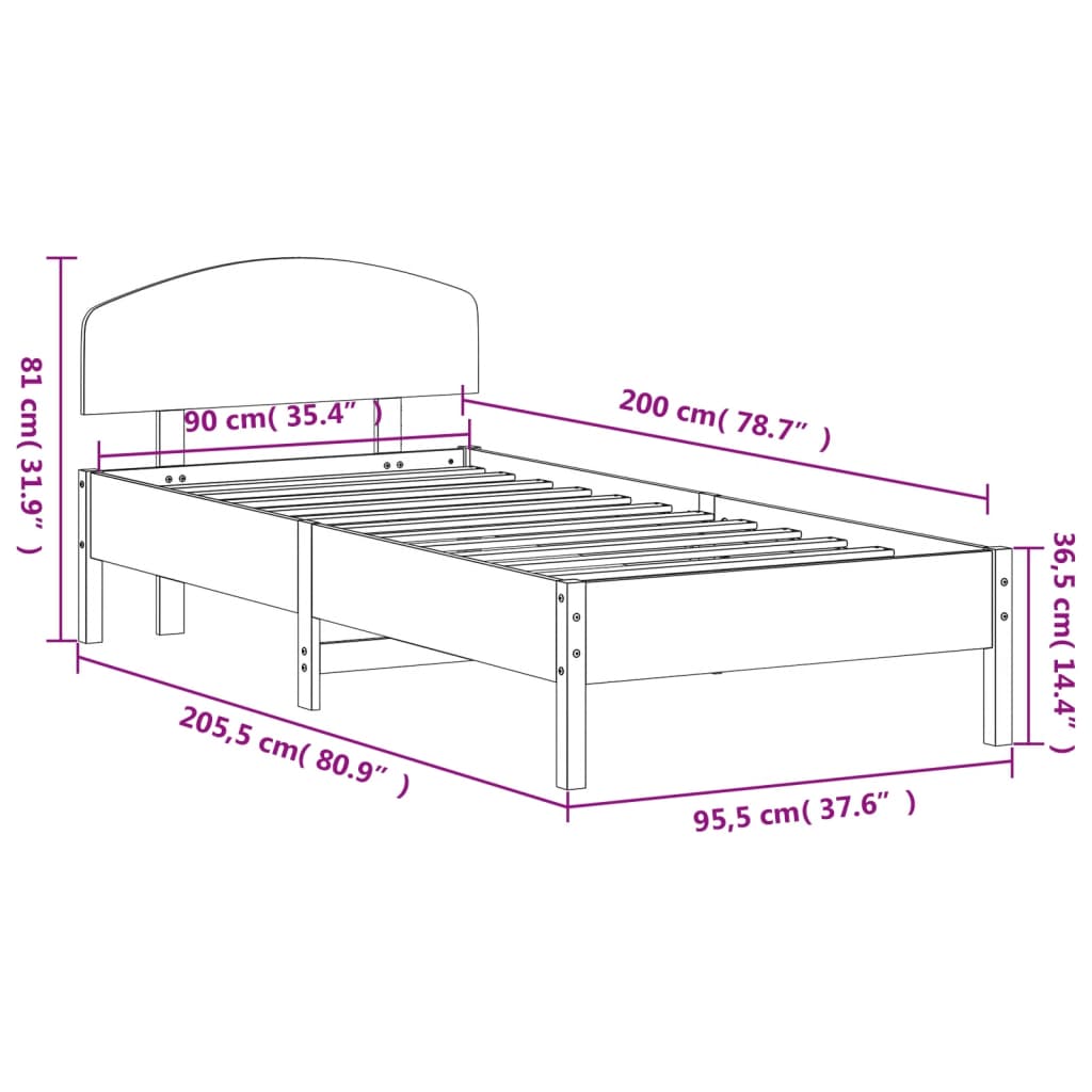 Estrutura cama c/ cabeceira 90x200 cm pinho maciço castanho-mel