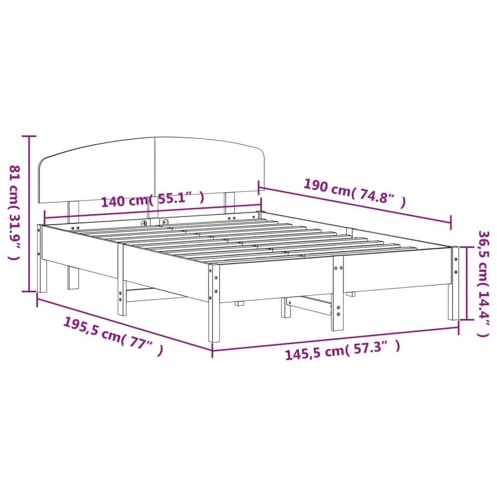 Estrutura cama c/ cabeceira 140x190 cm pinho maciço