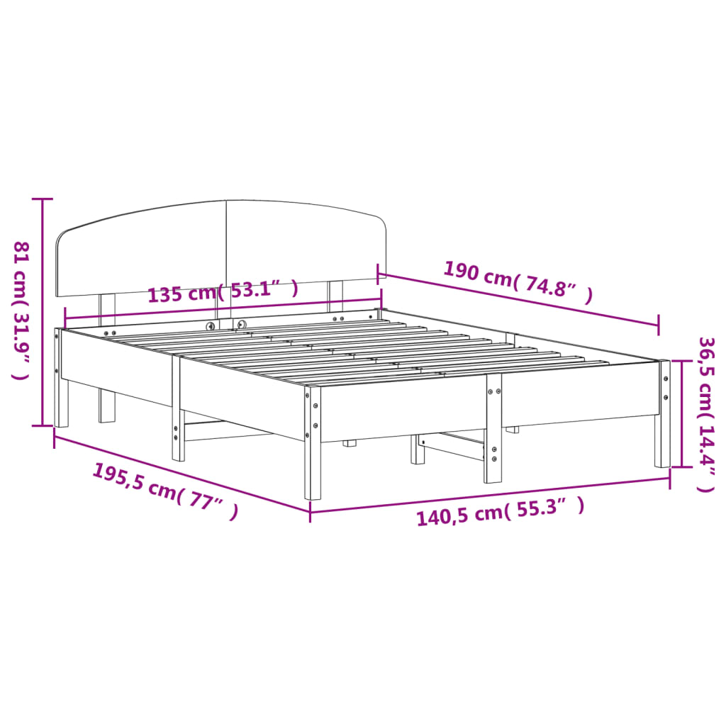 Estrutura cama c/ cabeceira 135x190cm pinho maciço castanho-mel