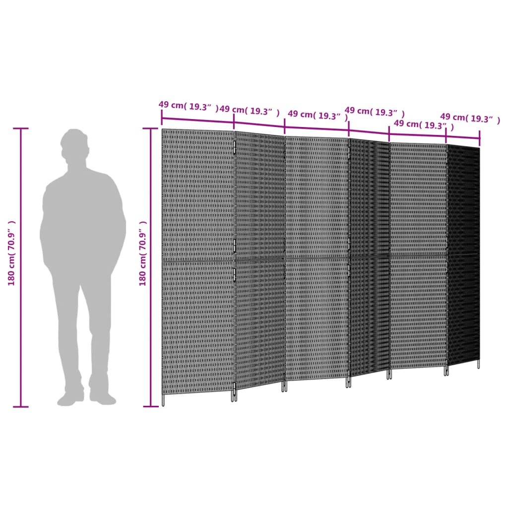 Biombo de divisão 6 painéis vime PE cinzento