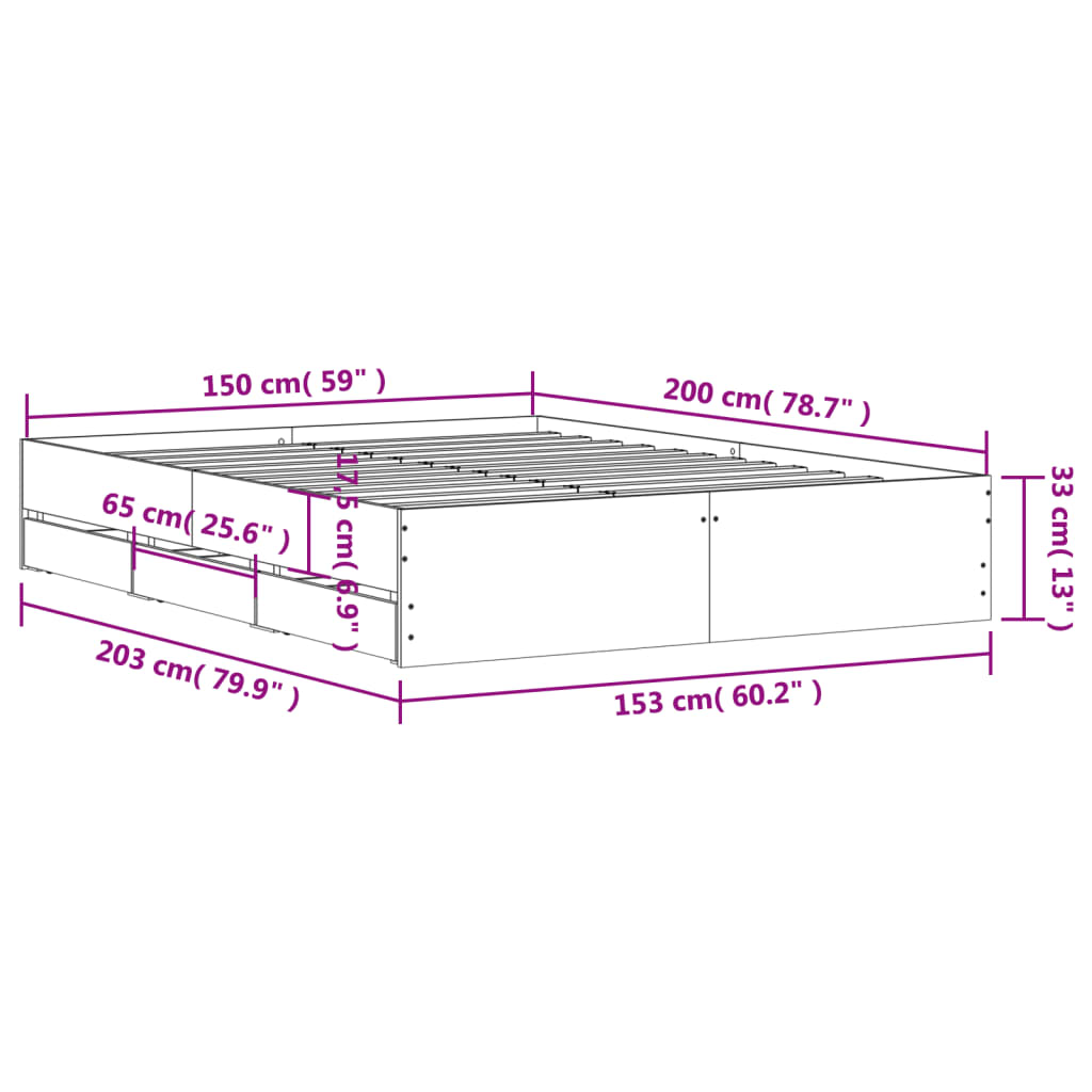 Estrutura de cama c/ gavetas 150x200cm derivados madeira branco