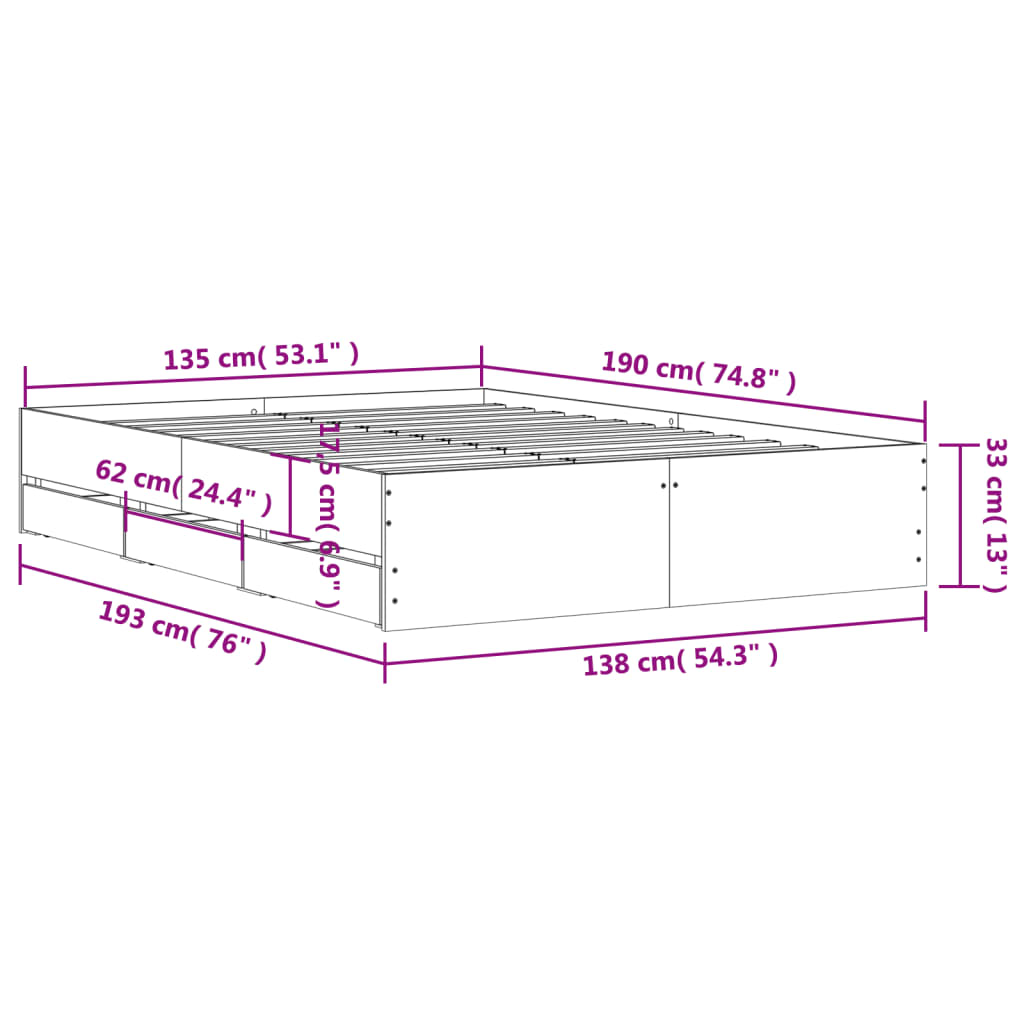 Estrutura de cama c/ gavetas 135x190cm derivados madeira branco